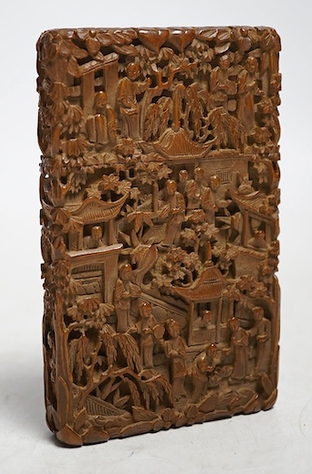 A 19th century Chinese ornately carved sandalwood card case, 11cm high. Condition - good